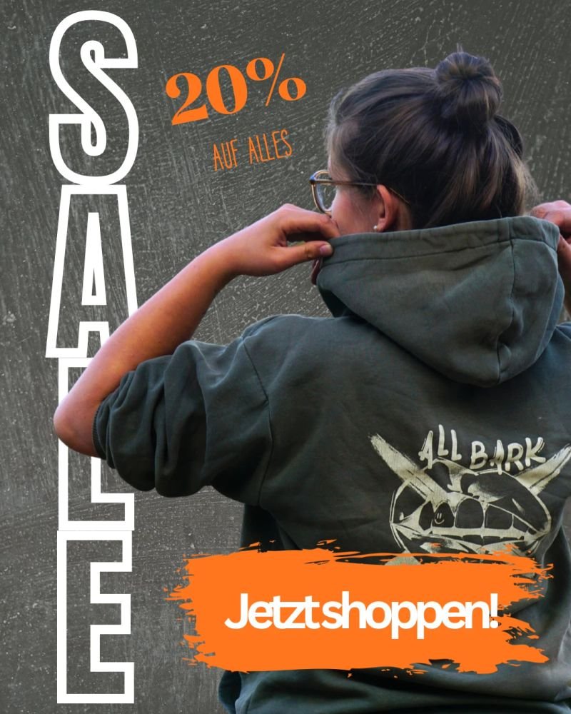Sale-Anzeige: Person im grünen ALLBARK-Hoodie von hinten, vertikaler SALE-Schriftzug, 20 % auf alles und Button „Jetzt shoppen!“