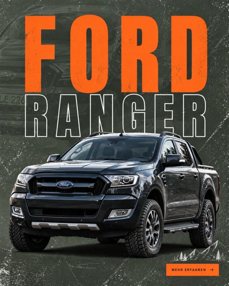 Anzeige mit großem orangefarbenem FORD-Schriftzug, weißem RANGER-Outline-Schriftzug, dunklem Pick-up und Button „Mehr erfahren“