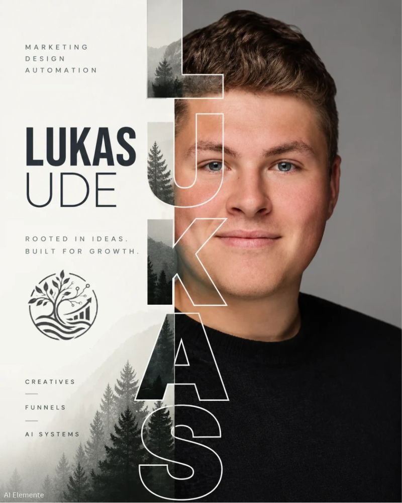 Markenmotiv: Portrait von Lukas Ude, vertikaler LUKAS-Schriftzug und Waldtextur