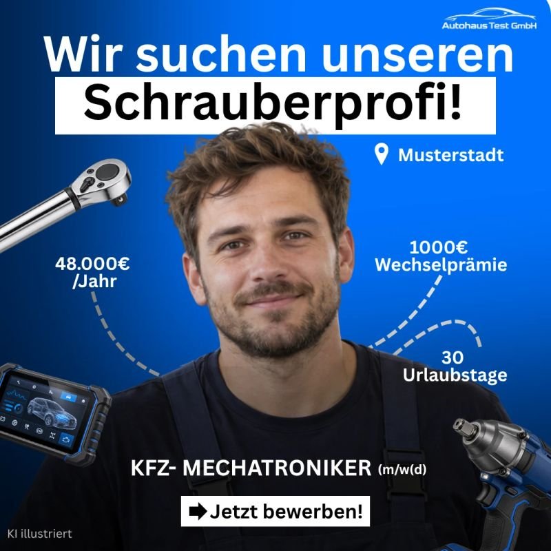 Recruiting-Anzeige im Quadrat: KFZ-Mechatroniker vor blauem Hintergrund, Headline „Wir suchen unseren Schrauberprofi!“, Werkzeuge, Vorteile und Button „Jetzt bewerben!“