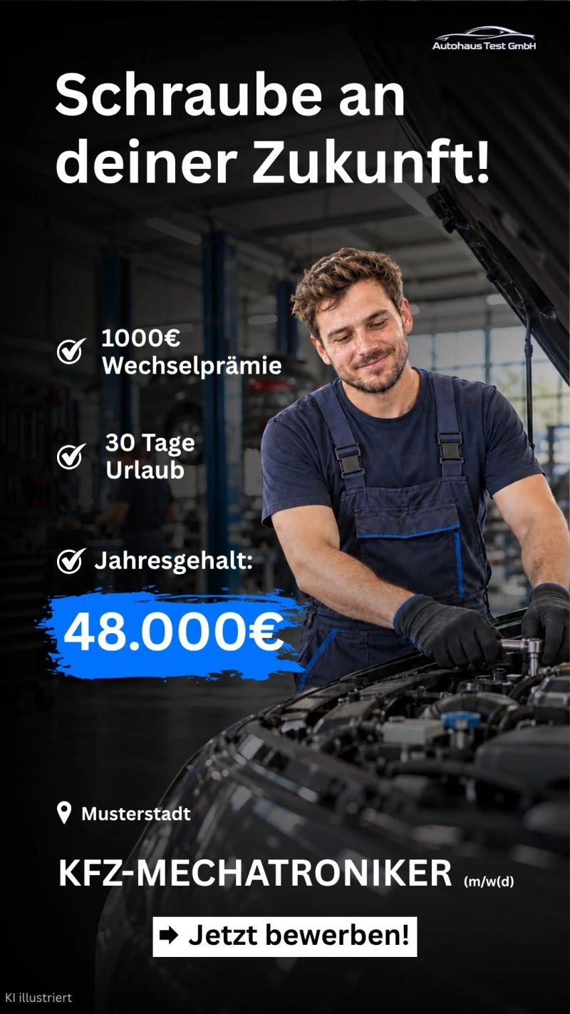 Recruiting-Anzeige im Story-Format: KFZ-Mechatroniker am Motor, Headline „Schraube an deiner Zukunft!“, Vorteile, Jahresgehalt und Button „Jetzt bewerben!“